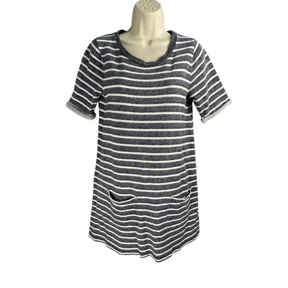 French Connection Tunic Dress 2 Navy Stripe Terry Patch Pockets Mini Vacation